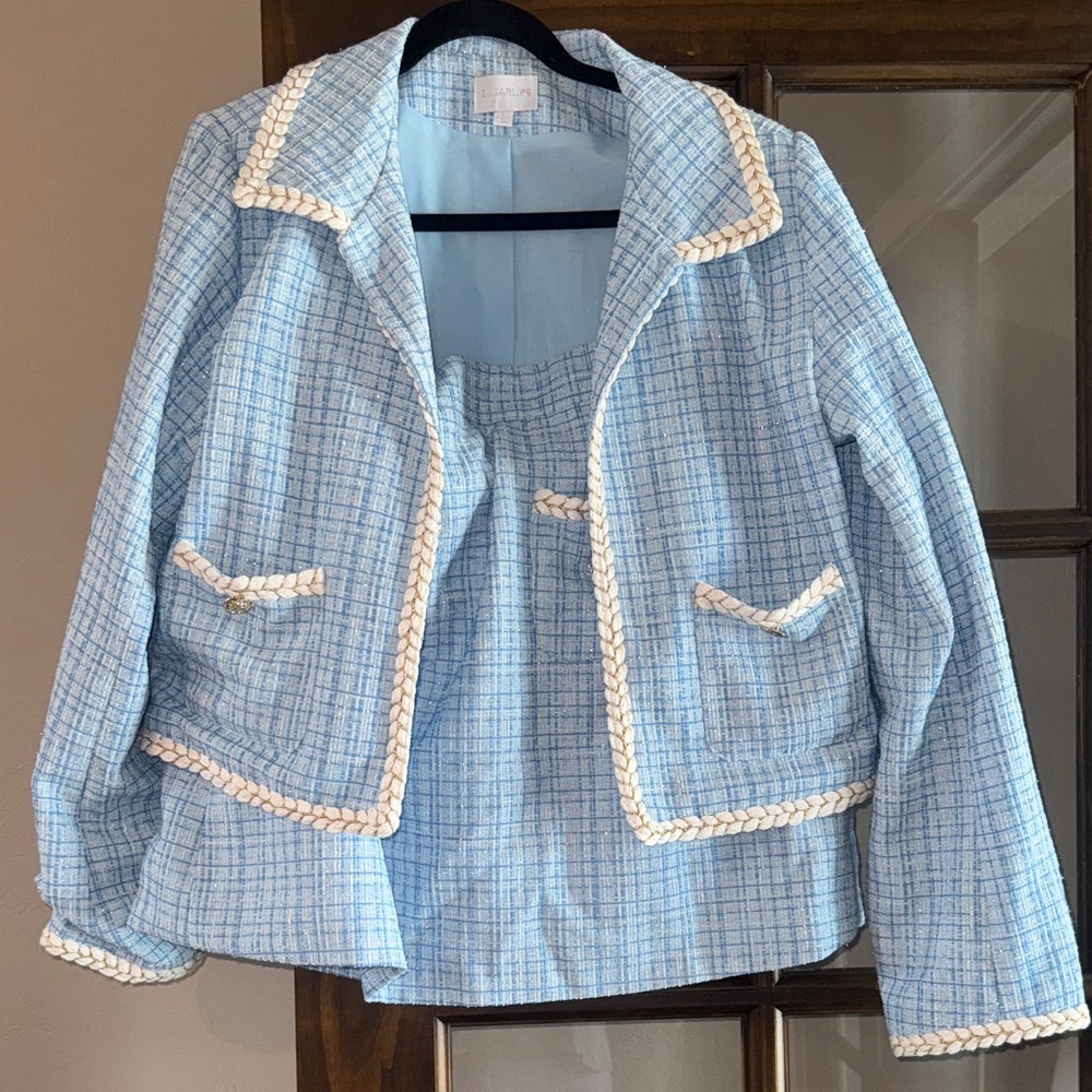 Blue Tweed Women's Jacket with White Accents